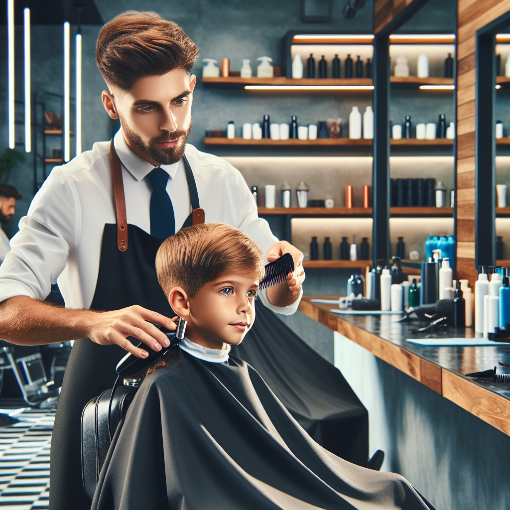 Caucasian barber cutting hair of young boy